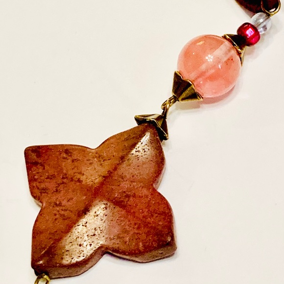 Dark Pink Mauve Rhodonite Stone Necklace & Cherry Quartz Zinfandel Earrings BOHO - Picture 3 of 15